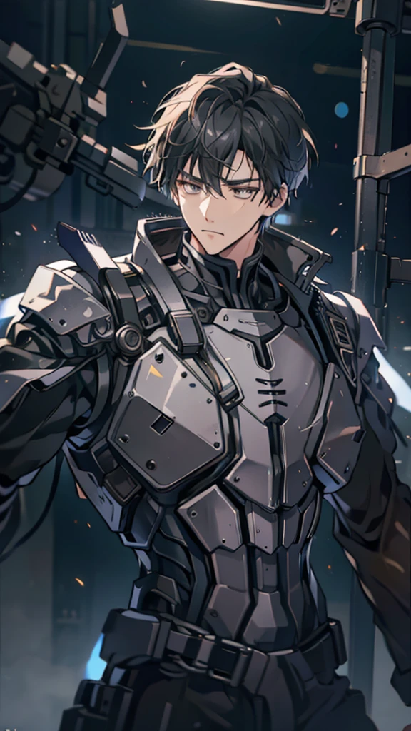 silence，Looking at the items in the warehouse，Warehouse full of supplies，It's dark all around，End of the World，an adult male，youth，Black short hair，look around，Wearing a sophisticated dark gray mecha armor suit，The armor suit has huge and thick limbs，Only the male youth’s hair and face are exposed，Upper body close-up