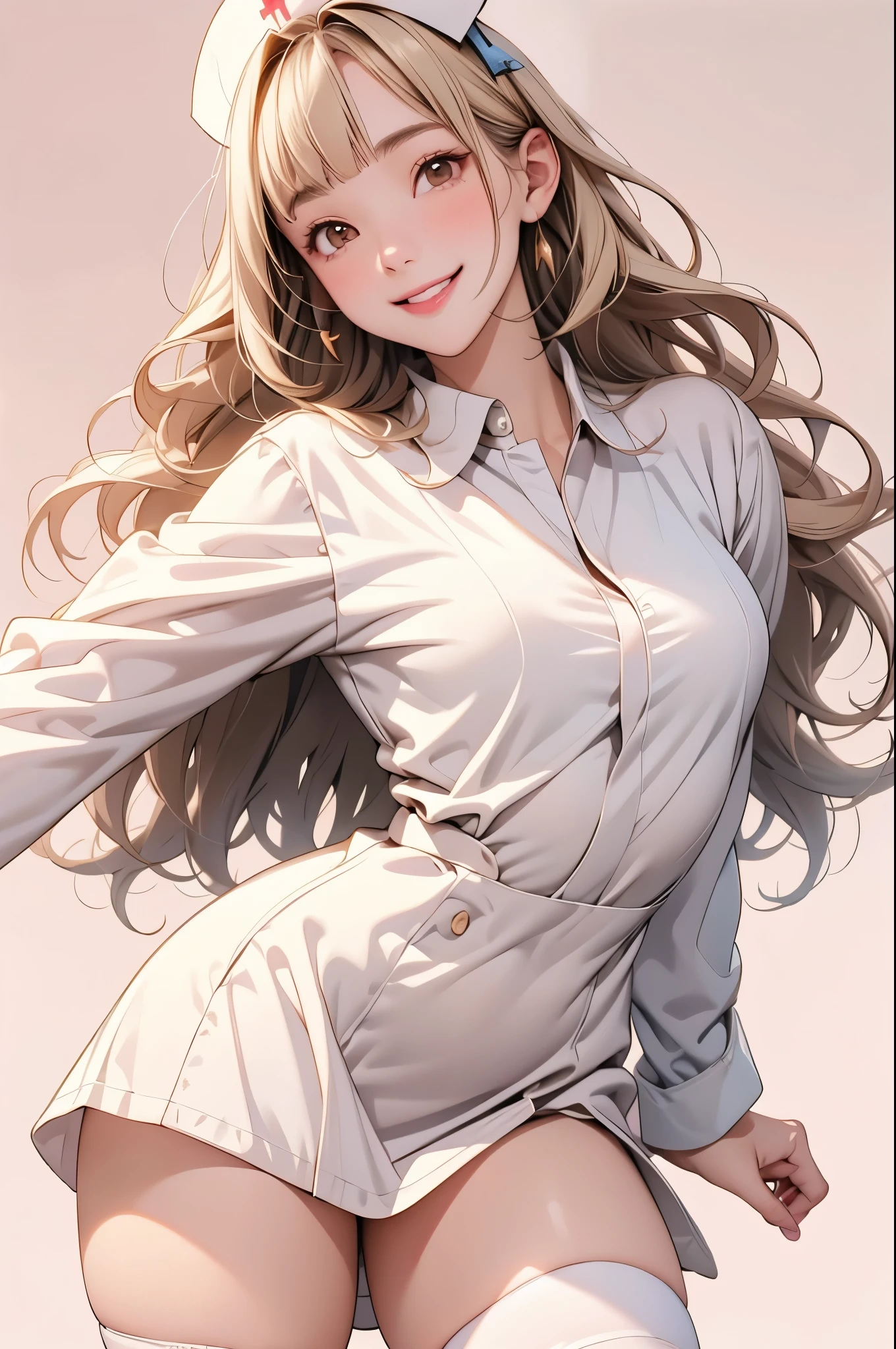 high resolution,smile,happy,light smile,woman,woman1人,adult,Clear,cute, blunt bangs,Blonde Hair,BREAK, Brown eyes,BREAK,wavy hair,long hair,BREAK, ((looking at viewer)), Nurse uniform,Nurse cap,White tights,BREAK,Facing forward,BREAK,Pink background,
