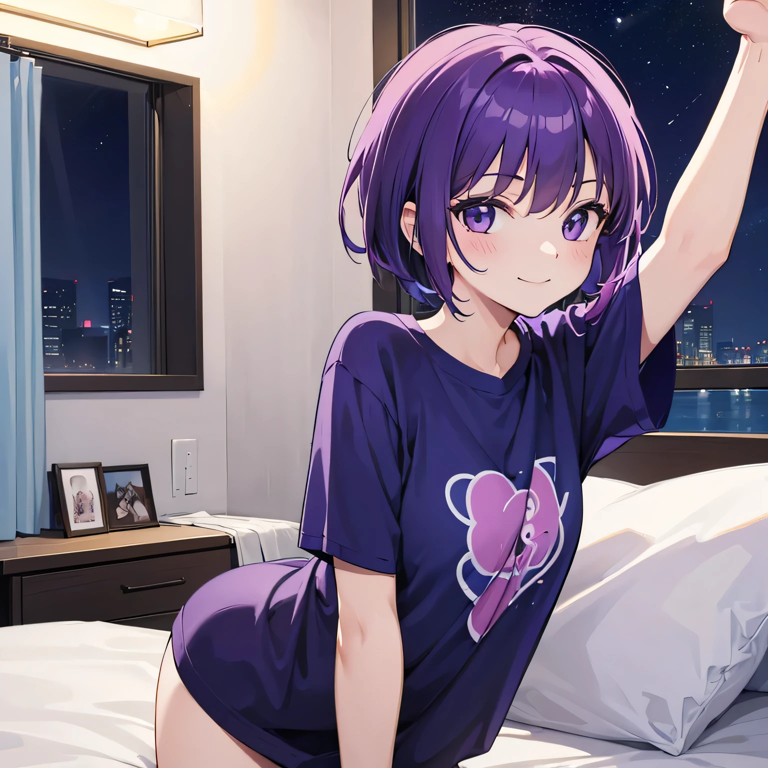 (T Masterpiece,4K wallpaper,Best Quality))、((girl1people))、(solo)、Bright and Brilliant,(Purple Hair)、(short hair:1.3)、smile、Bedroom、T-Shirts、night