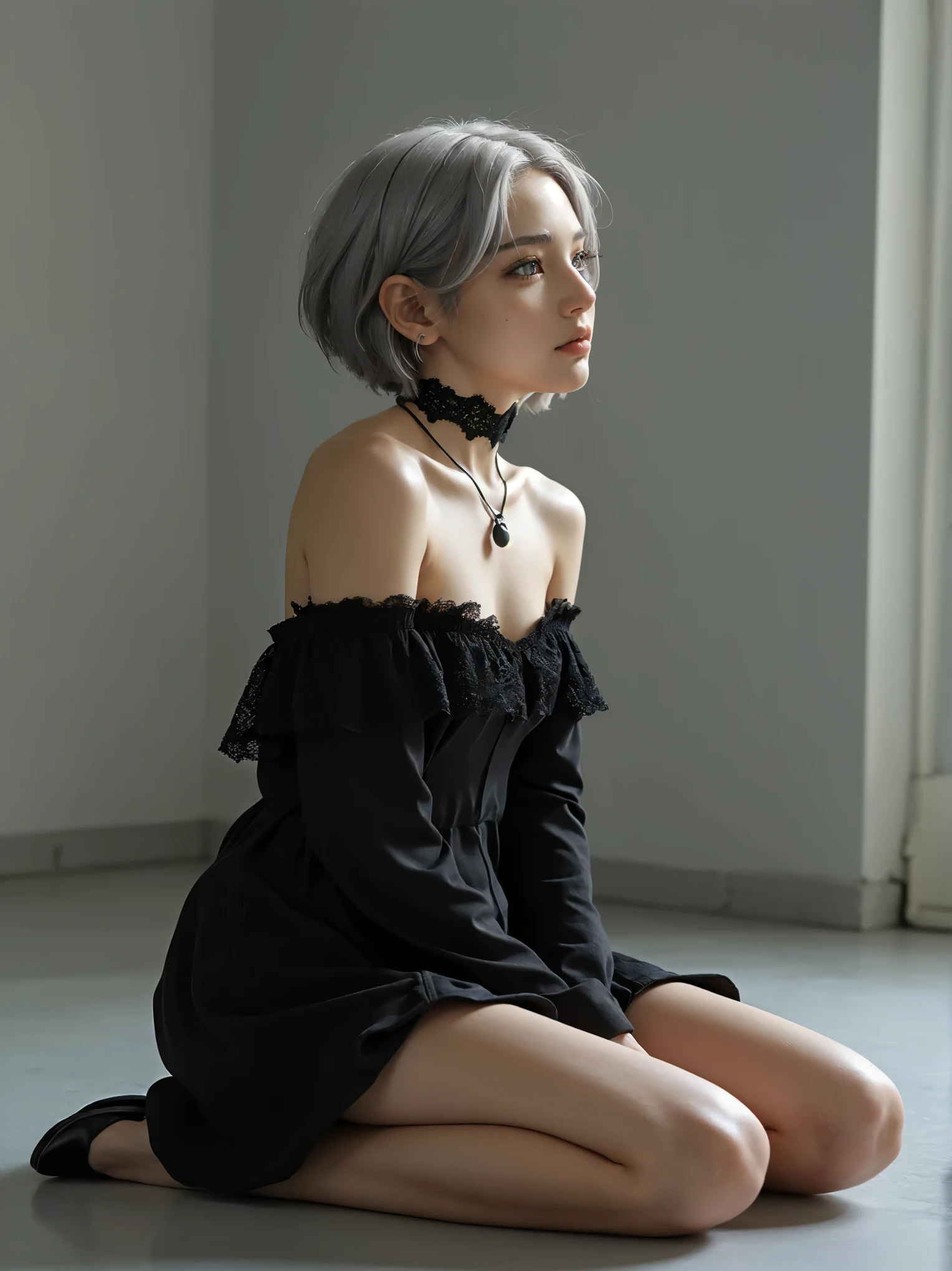 (RAW photo, best quality, masterpiece: 1.2), (photorealistic: 1.4), best lighting, 20 years old, (profile, light gray eyes, light gray hair, short bob cut, hair in 7 thirds, hair over one ear, :1.3)