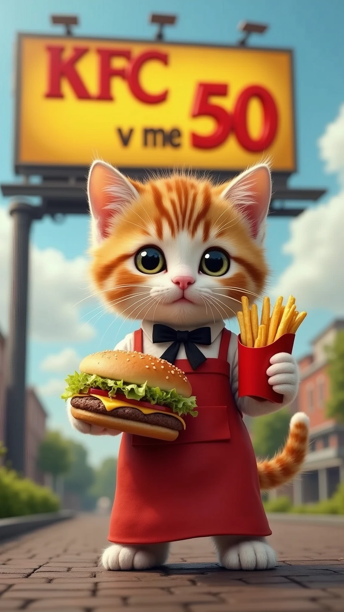 Cute kitten holding hamburger and french fries,Wearing an apron,The billboard behind it reads "KFC v me 50