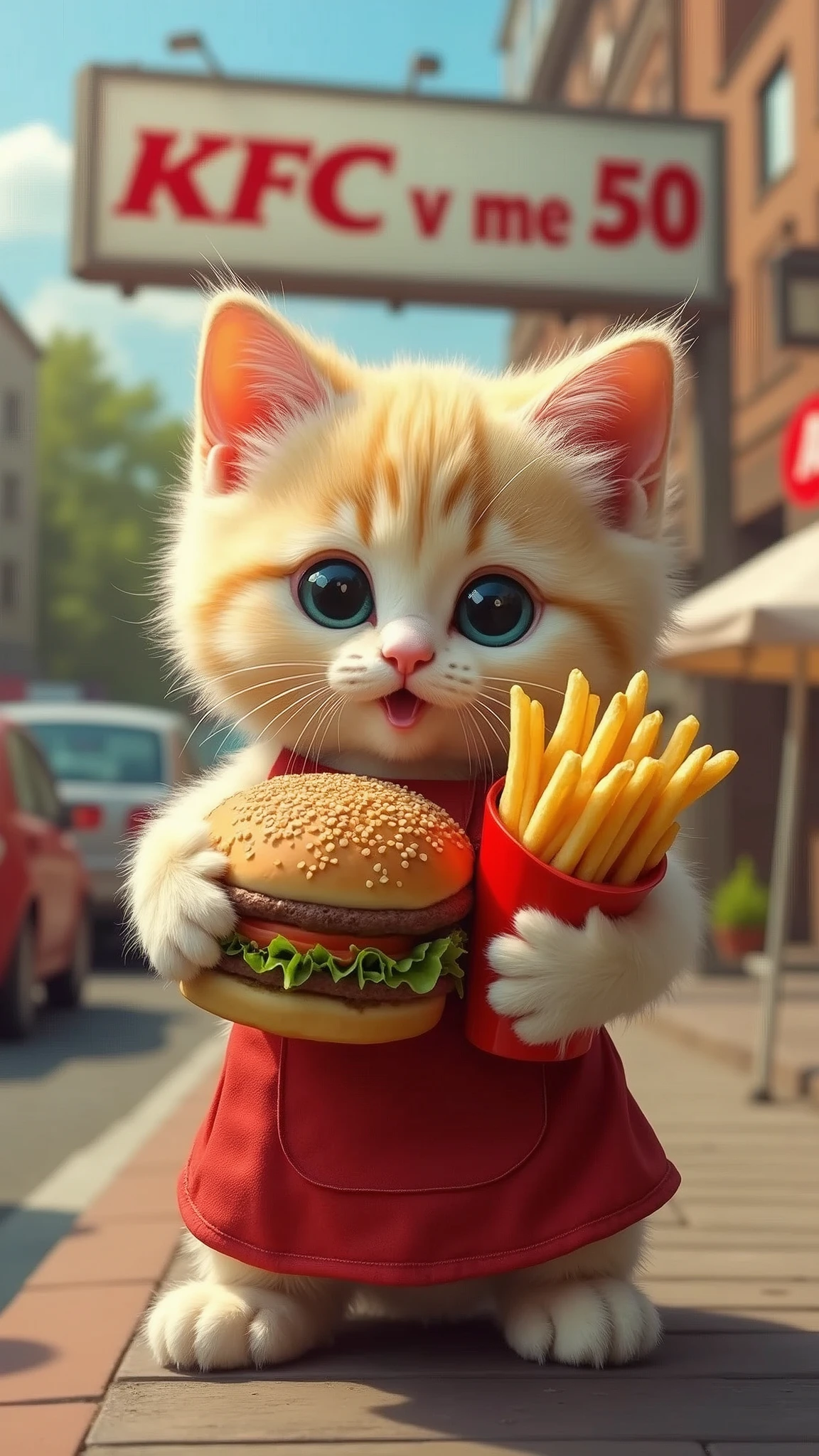Cute kitten holding hamburger and french fries,Wearing an apron,The billboard behind it reads "KFC v me 50