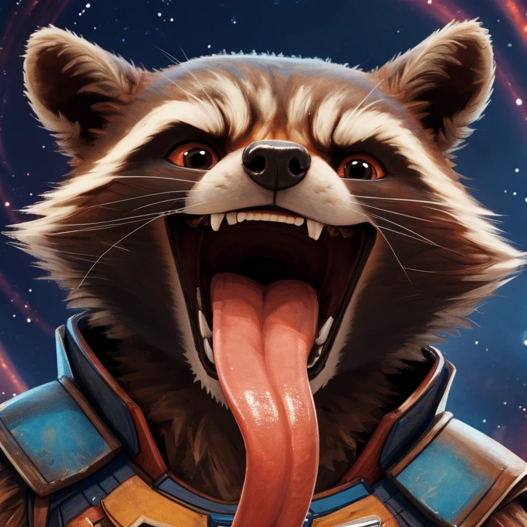 Rocket Raccoon (Guardians of the Galaxy 2014), Marvel Studios, 2D Animation, Looking at viewer, Open Mouth, Tongue Out, Long Tongue, Wide-Eyed, Anatomically Correct, Seductive Smile, Raised Eyebrow, Oral Invitation, Simple background, Character Design, Illustration, High Resolution, Super Detailed, Textured Skin, Eye Level Shot, Single Shot, Extreme Close Up