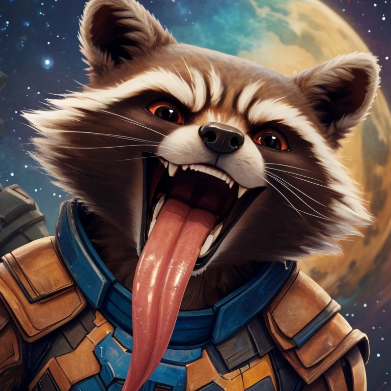 Rocket Raccoon (Guardians of the Galaxy 2014), Marvel Studios, 2D Animation, Looking at viewer, Open Mouth, Tongue Out, Long Tongue, Wide-Eyed, Anatomically Correct, Seductive Smile, Raised Eyebrow, Oral Invitation, Simple background, Character Design, Illustration, High Resolution, Super Detailed, Textured Skin, Eye Level Shot, Single Shot, Extreme Close Up