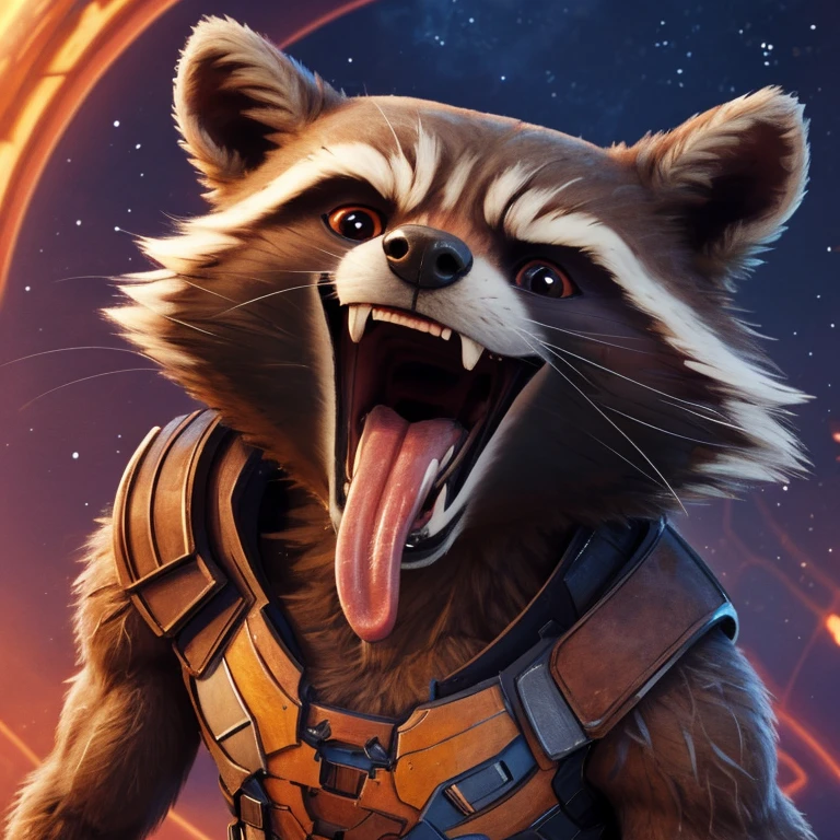 Rocket Raccoon (Guardians of the Galaxy 2014), Marvel Studios, 2D Animation, Looking at viewer, Open Mouth, Tongue Out, Long Tongue, Wide-Eyed, Anatomically Correct, Seductive Smile, Raised Eyebrow, Oral Invitation, Simple background, Character Design, Illustration, High Resolution, Super Detailed, Textured Skin, Eye Level Shot, Single Shot, Extreme Close Up