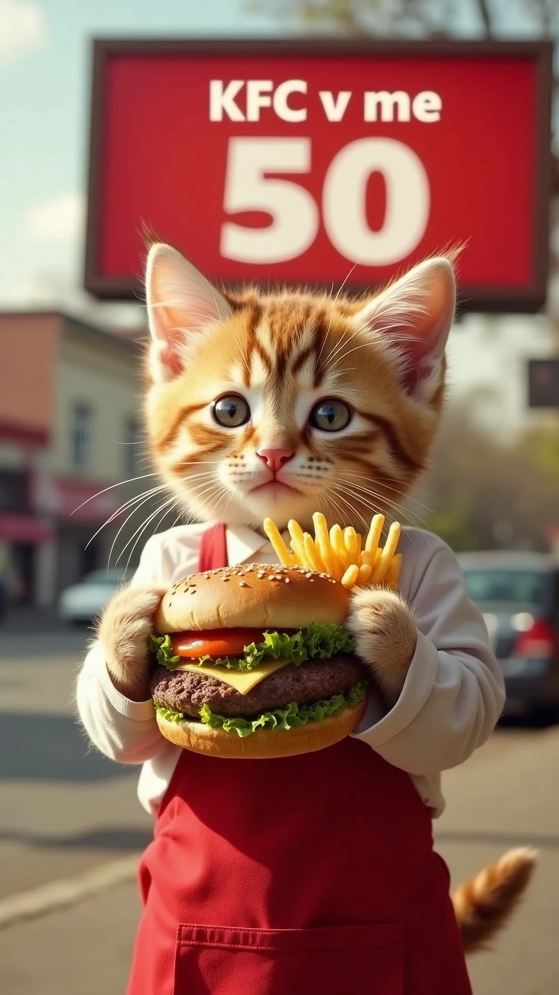 Cute kitten holding hamburger and french fries,Wearing an apron,The billboard behind it reads "KFC v me 50",clear
