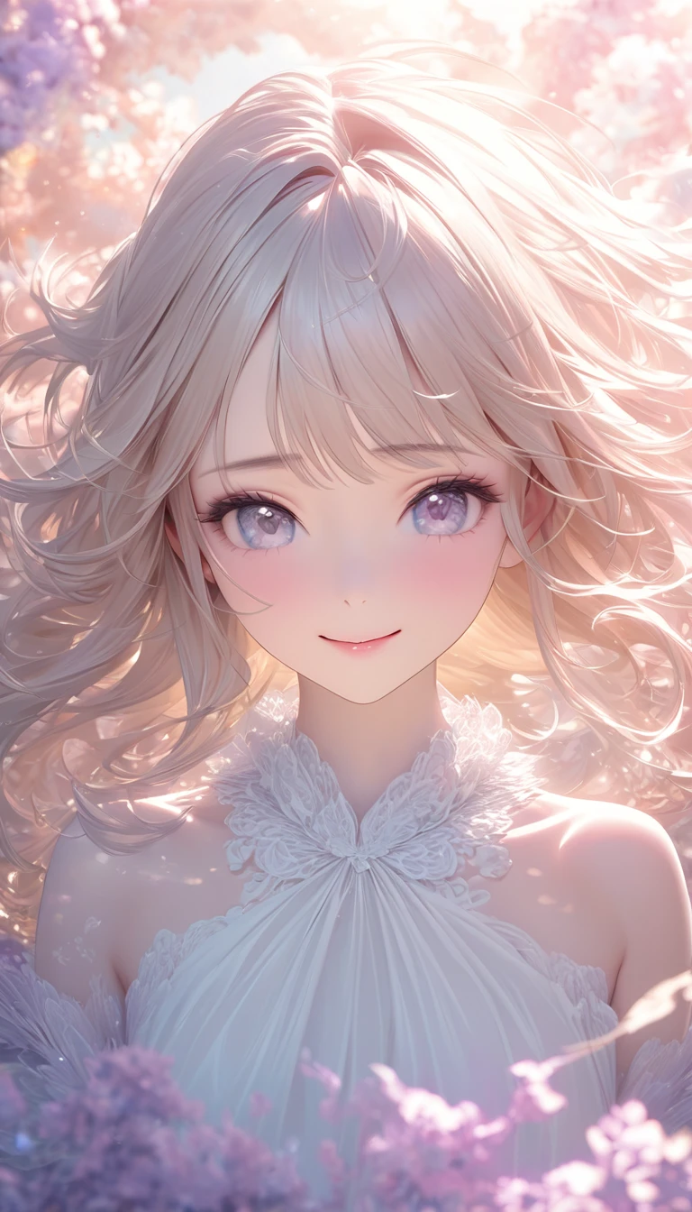 Cute beautiful woman, smile, shy, light makeup, great proportion, Gentle background color scheme, Soft, fluffy and calming effect, Shading Effects, Gradient Magic Effect, (Super detailed, The absolute solution, Highest quality:1.3), 2.5D, delicate and dynamic, Artistic photography, Ultra-realistic, Graphics CG Digital Art