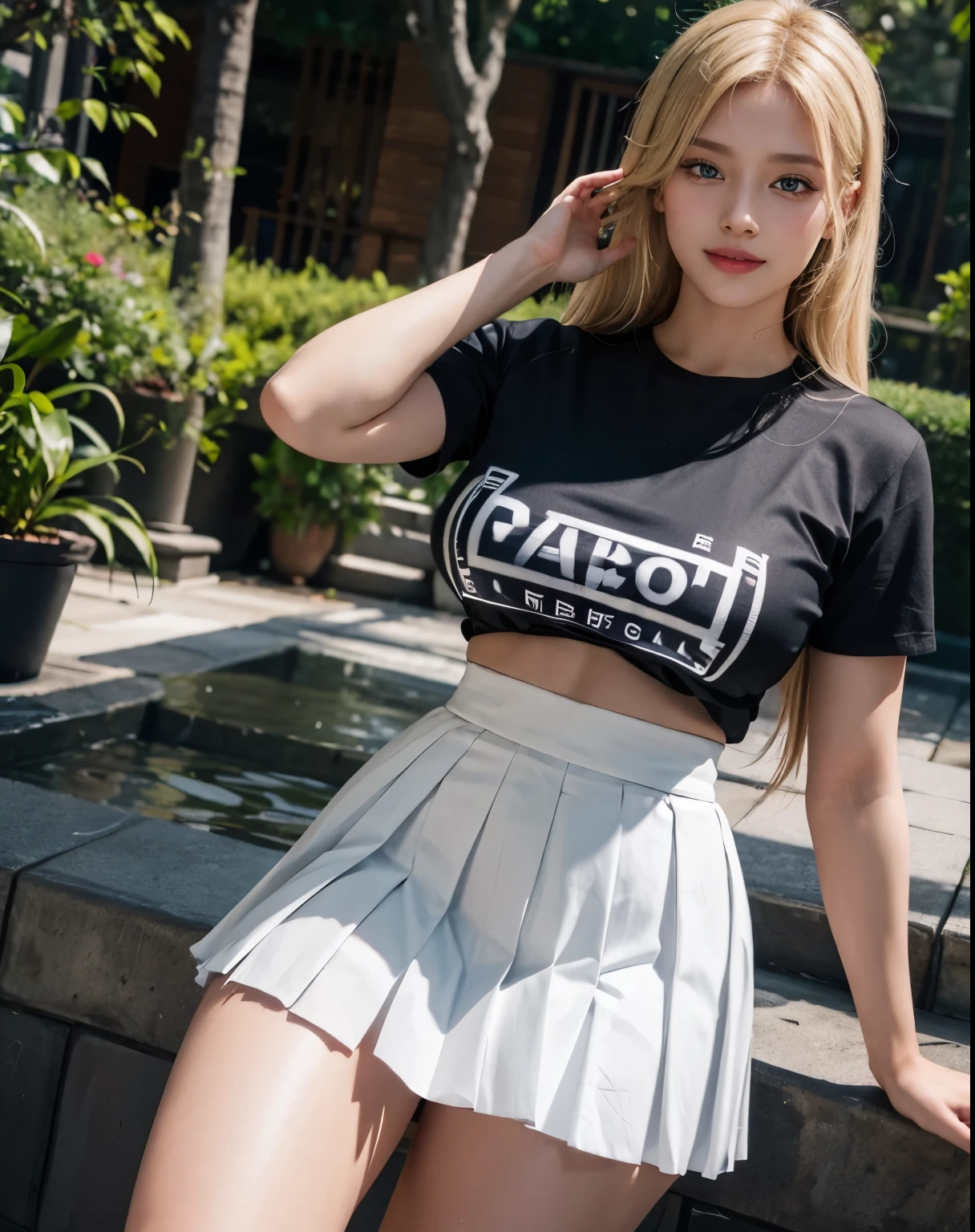 A woman in a short T-shirt skirt,Very long legs,white panties,Short hair,Platform sandals,eye makeup,perfect bodies,Amazing