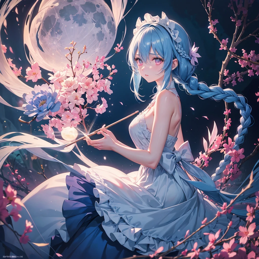 Sky blue hair, (1 braided hair), (Pink eyes),Fair skin) ,(whole body),(One Girl),(White sweet dumpling),A large amount of Miscanthus sinensis,(full moon),(masterpiece, Highest quality, Very detailed, Best Shadow), (Detailed Background), (Beautifully detailed face), High Contrast, (Best lighting, Very delicate and beautiful), ((Cinematic Light)), Hyper Detail,8k, Dramatic Light, Intricate details,