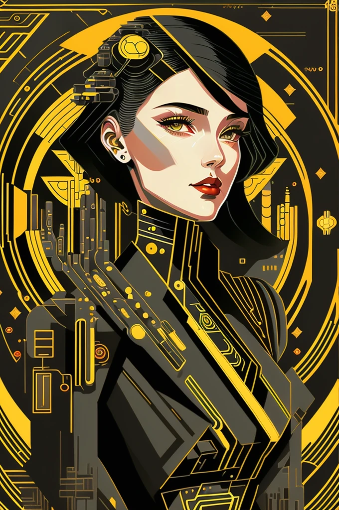 (masterpiece, 4k ,Super detailed,original photo:1.2),illustration,
(1 lady:1),
(simple background:black and background 1.4),
(symmetry:1.2),
(Art Deco:1.4),
(retrofuturism:1.4),
(Minimalism:1.4),
(Clean:1.4),
(flat_color:1.4),
(cyberpunk,Android:1.4),
CCDDA art style
