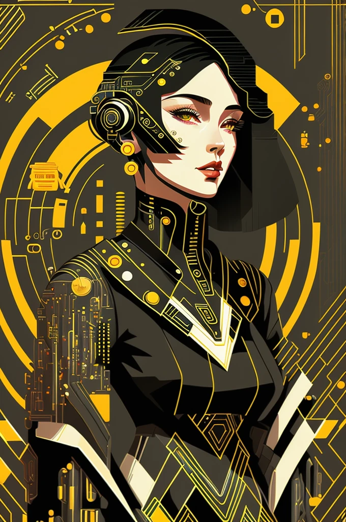 (masterpiece, 4k ,Super detailed,original photo:1.2),illustration,
(1 lady:1),
(simple background:black and background 1.4),
(symmetry:1.2),
(Art Deco:1.4),
(retrofuturism:1.4),
(Minimalism:1.4),
(Clean:1.4),
(flat_color:1.4),
(cyberpunk,Android:1.4),
CCDDA art style