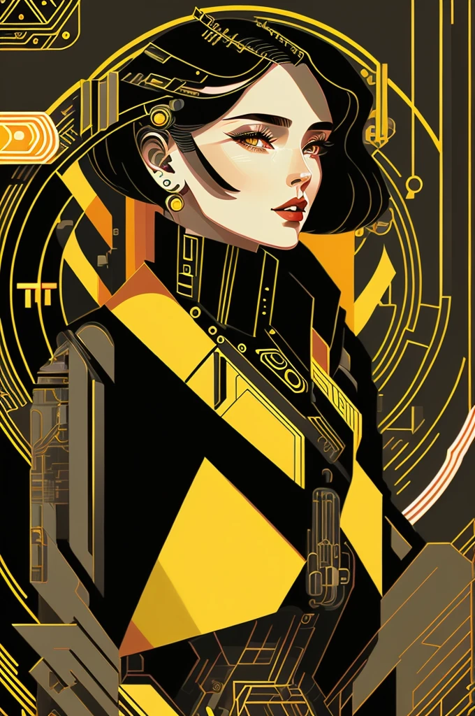 (masterpiece, 4k ,Super detailed,original photo:1.2),illustration,
(1 lady:1),
(simple background:black and background 1.4),
(symmetry:1.2),
(Art Deco:1.4),
(retrofuturism:1.4),
(Minimalism:1.4),
(Clean:1.4),
(flat_color:1.4),
(cyberpunk,Android:1.4),
CCDDA art style