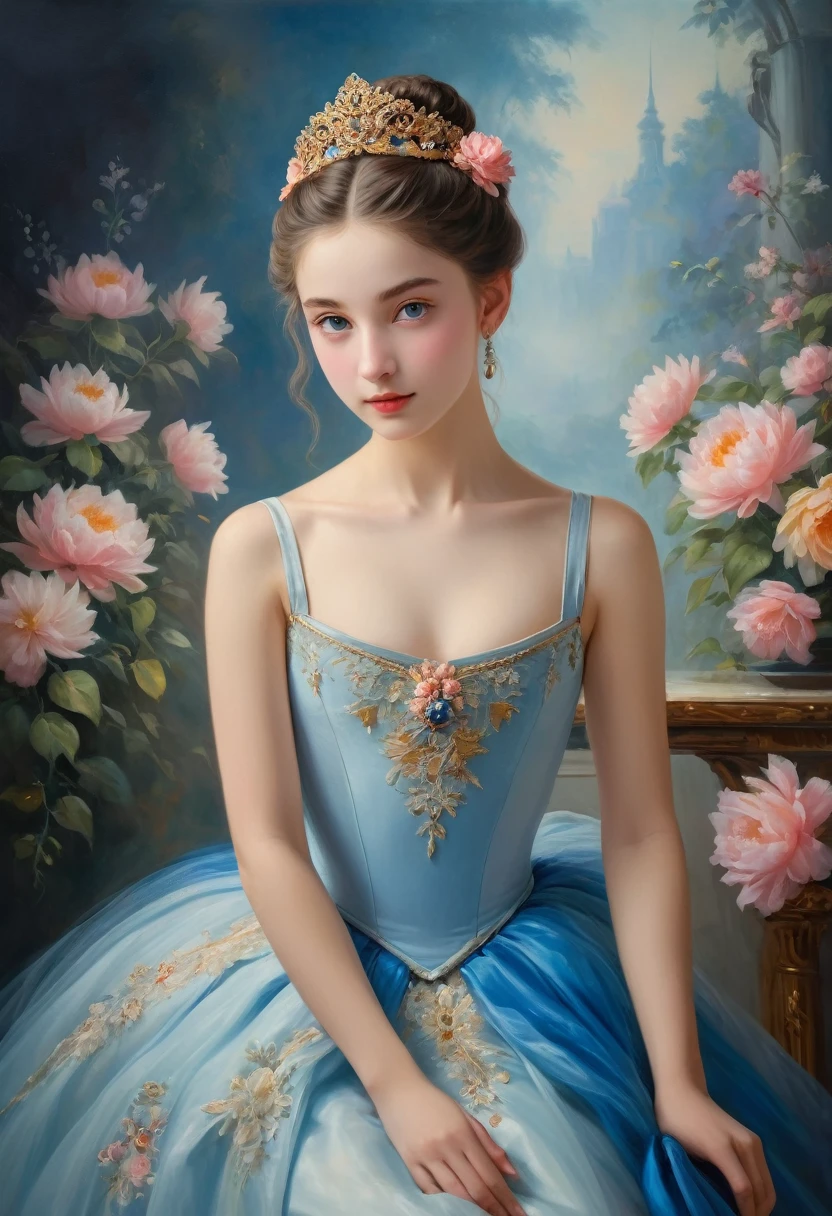 (high resolution,masterpiece:1.2),(Practical:1.37)"(best quality, high resolution, Extremely detailed, Practical),Beautiful portrait of a 16-year-old French ballerina from the 19th century, (She is of French and Japanese descent., She is a beautiful woman with deep blue eyes and a high nose:1.1), Exquisite ballet costumes, Detailed facial features, Slender and graceful neck, Flowing hair, Elegant posture, Soft and delicate lighting, Oil painting medium, Vibrant colors, Subtle background with floral pattern", Dreamy atmosphere, Surrealism,Mysterious atmosphere