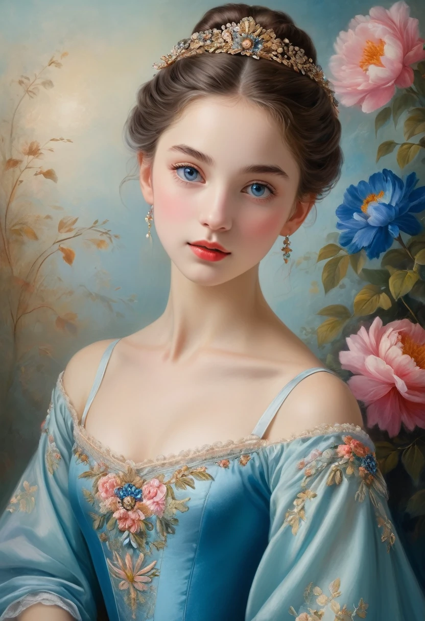 (high resolution,masterpiece:1.2),(Practical:1.37)"(best quality, high resolution, Extremely detailed, Practical),Beautiful portrait of a 16-year-old French ballerina from the 19th century, (She is of French and Japanese descent., She is a beautiful woman with deep blue eyes and a high nose:1.1), Exquisite ballet costumes, Detailed facial features, Slender and graceful neck, Flowing hair, Elegant posture, Soft and delicate lighting, Oil painting medium, Vibrant colors, Subtle background with floral pattern", Dreamy atmosphere, Surrealism,Mysterious atmosphere