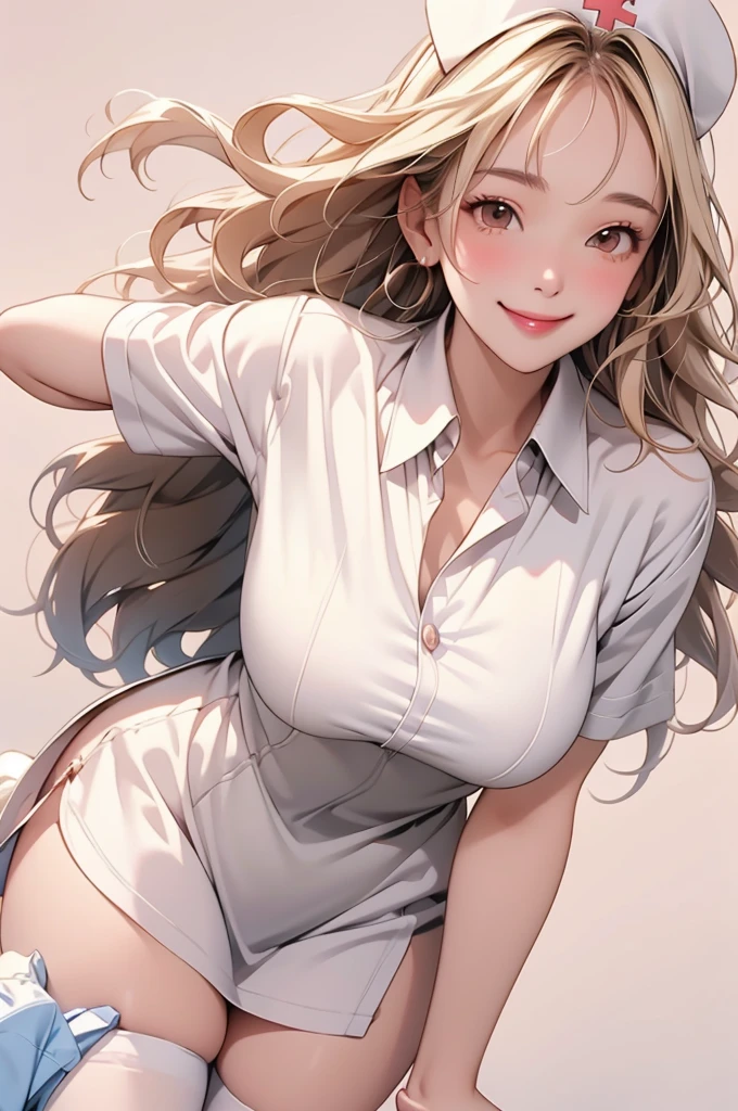 high resolution,smile,happy,light smile,woman,woman1人,adult,Clear,cute, blunt bangs,Blonde Hair,BREAK, Brown eyes,BREAK,wavy hair,long hair,BREAK, ((looking at viewer)), Nurse uniform,Nurse cap,White Stockings,BREAK,Facing forward,BREAK,Pink background,