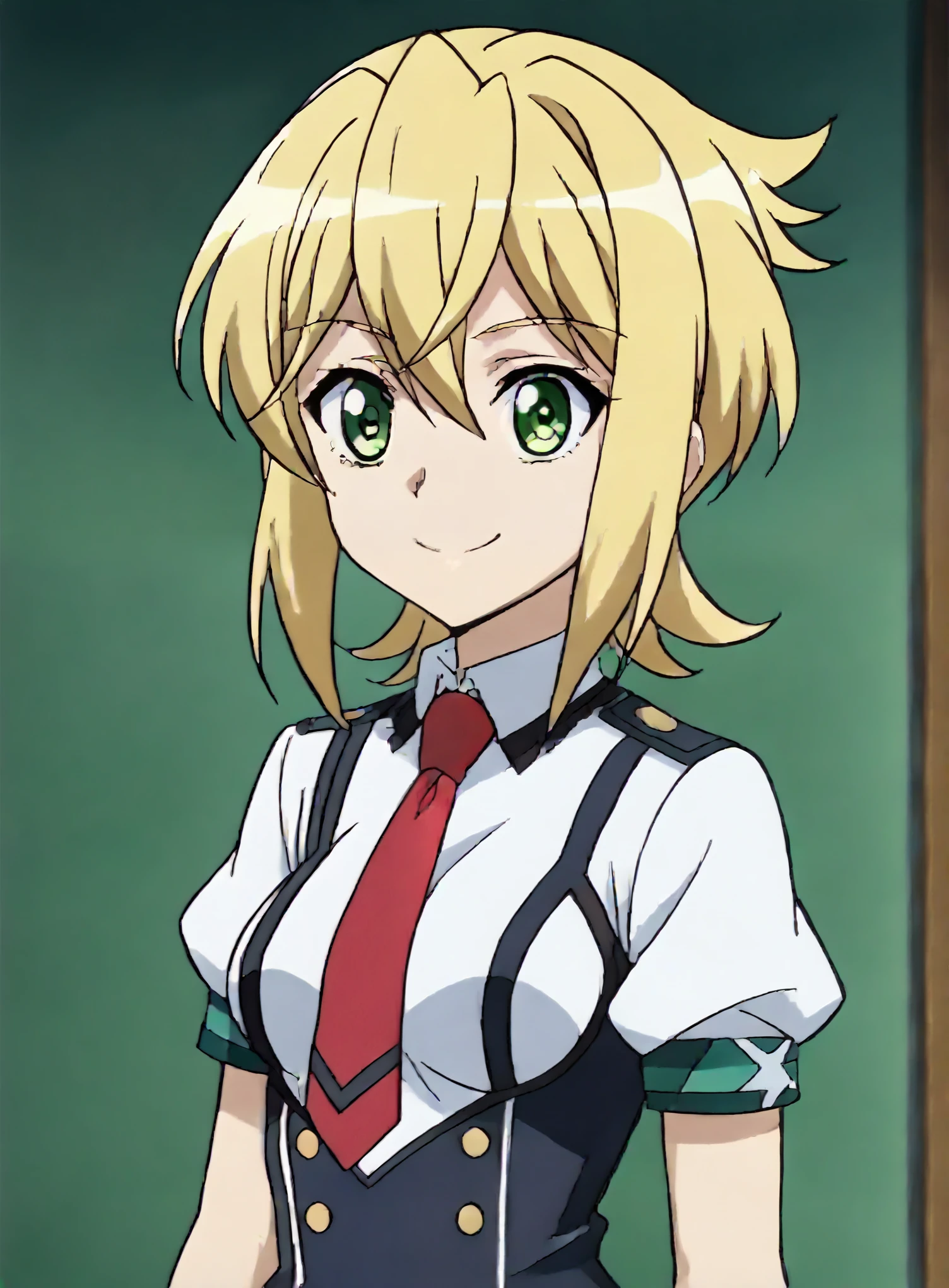 , score_9, score_8_superior, score_7_superior, score_6_superior, score_5_superior, score_4_superior, Break Source_anime, masterpiece , anime screencap, Kirigo Akatsuki, Blonde, One girl, alone, Green Eyes, View your viewers, Medium breast uniform, Pleated skirt, white_shirt, Red tie smile v, No sleeve,