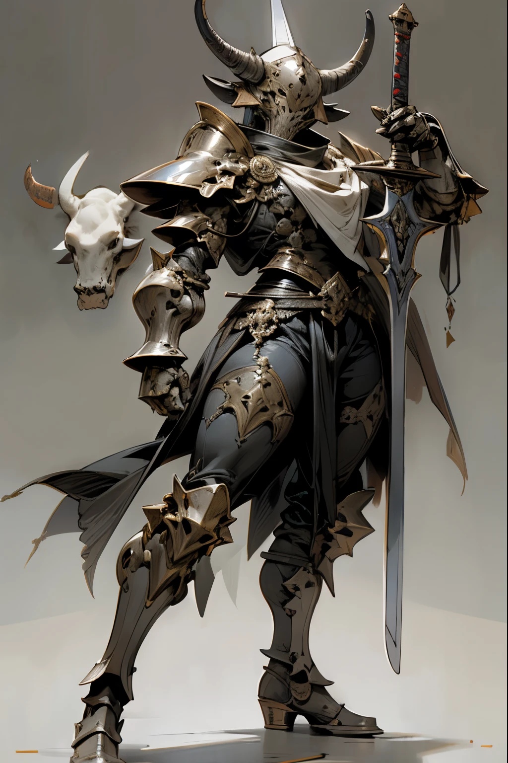 A helmet with a cow skull design,metal armor,Muscular々,Wields a huge, thick sword,One person,Warrior,Combat Ready,Hoof Boots,