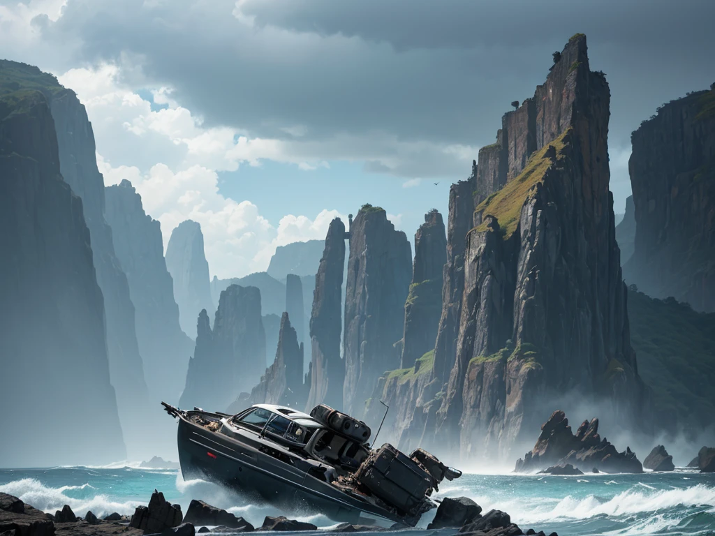 a recently crashed passenger plane on an island, highly detailed, realistic, photorealistic, 4k, 8k, hyperrealistic, dramatic lighting, dramatic clouds, dramatic sky, dramatic ocean, dramatic rocks, dramatic vegetation, dramatic wreckage, detailed debris, detailed aircraft parts, detailed passenger luggage, detailed survival gear, cinematic composition, dramatic atmosphere, vibrant colors, cinematic colors, epic scale