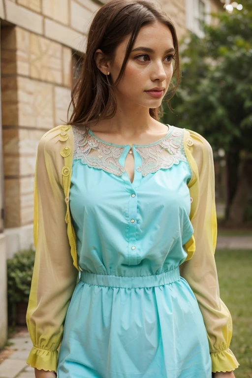 Aqua green blouse with mustard butterflies and pink lace