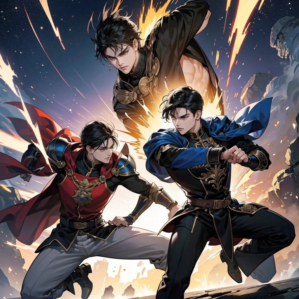 scene: A dynamic fight in a high-impact environment, like a battlefield or a combat arena.
Main character: A young handsome nobleman with black hair and dark eyes. He wears a noble outfit with elements that suggest action, like a cloak or light armor.
action: The young noble is involved in an intense battle with several opponents or a main adversary. The scene must reflect a fighting style like that of action mangas and comics, with quick movements, dramatic effects and dynamic poses.
Visual References: Inspiration from action comics, showing an epic fight with an emphasis on the style and skills of the main character.