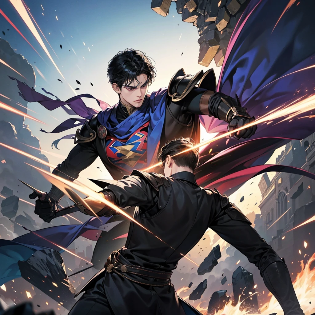 scene: A dynamic fight in a high-impact environment, like a battlefield or a combat arena.
Main character: A young handsome nobleman with black hair and dark eyes. He wears a noble outfit with elements that suggest action, like a cloak or light armor.
action: The young noble is involved in an intense battle with several opponents or a main adversary. The scene must reflect a fighting style like that of action mangas and comics, with quick movements, dramatic effects and dynamic poses.
Visual References: Inspiration from action comics, showing an epic fight with an emphasis on the style and skills of the main character.