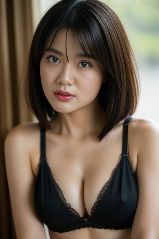 ((Best quality, 8k, Masterpiece :1.3)), ultra realistic, real life textures, photorealistic shot, of a gorgeous asian model, teasing pose, Sharp focus, full body shots , round hips, Sharp focus :1.2, A pretty woman with perfect figure :1.4, Slender abs :1.1, ((black layered hair, puffed breasts, ample cleavage :1.2)), (sprts bra :1.2) , Highly detailed face and skin texture, Detailed eyes, Double eyelid, dynamic rendering, bokeh background, poking nipples