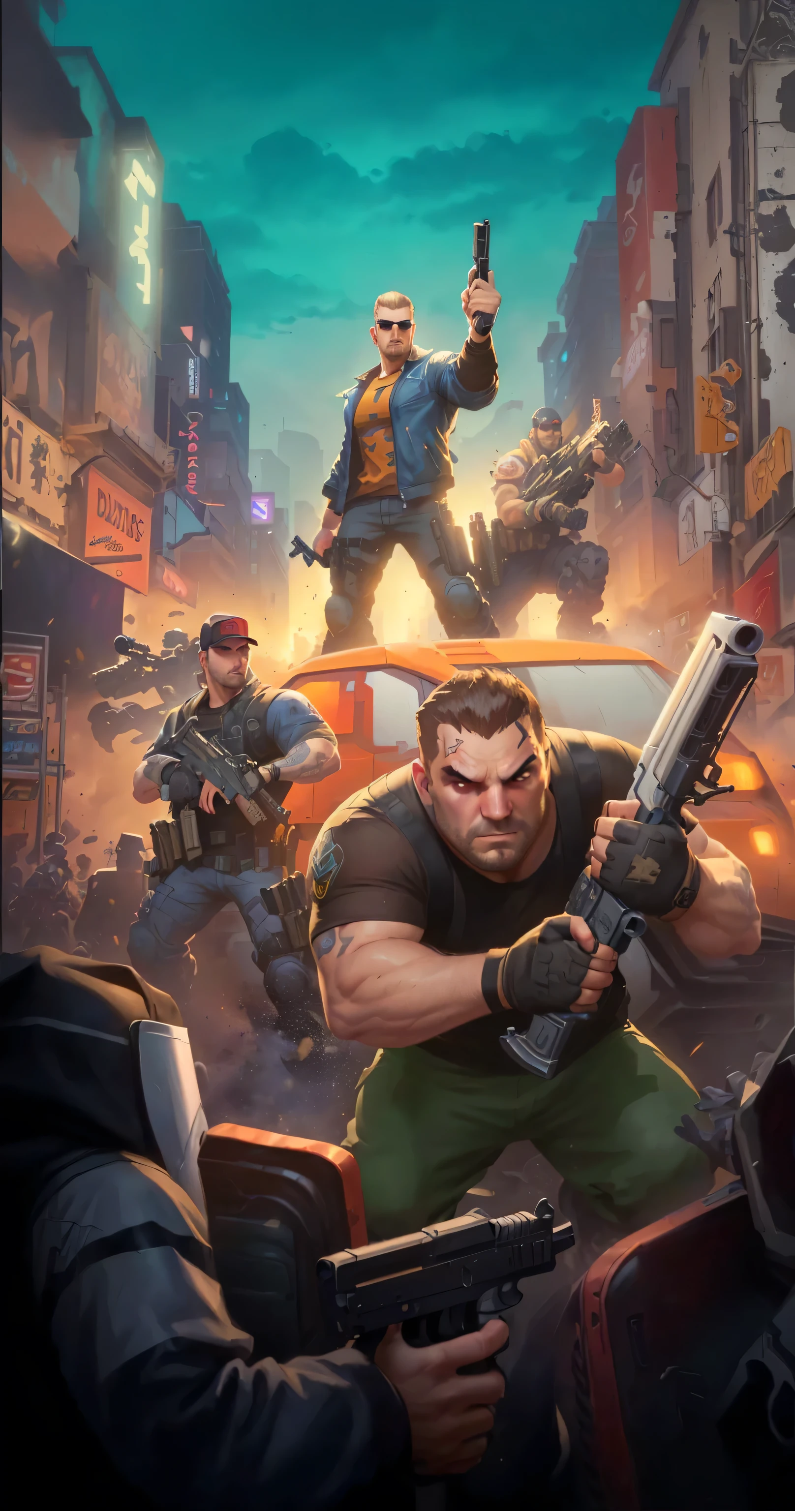 (masterwork) Very high quality, Full body shot, Super detailed shooting, Resident Evil setting, Eastern male clergy, Medical staff and injured male police officers, The trio dodge zombies by the destroyed Ferris wheel of Hong Kong amusement park, 32K resolution, Best quality, Dynamic pose, actionpose, Surreal and charming.