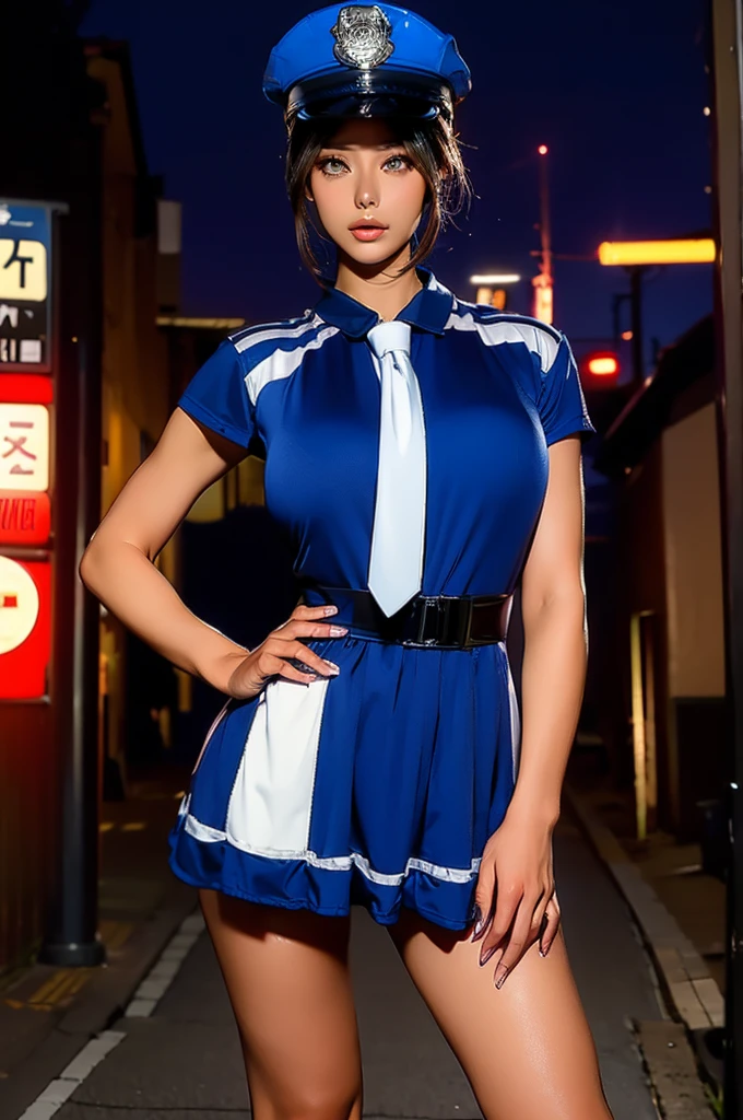 High quality, beautiful woman, beautiful face, symmetrical eyes, model-like proportions, big breasts, Japanese female police officer, police hat, sleeveless shirt, tie, tight mini skirt, back alley at night, police car,