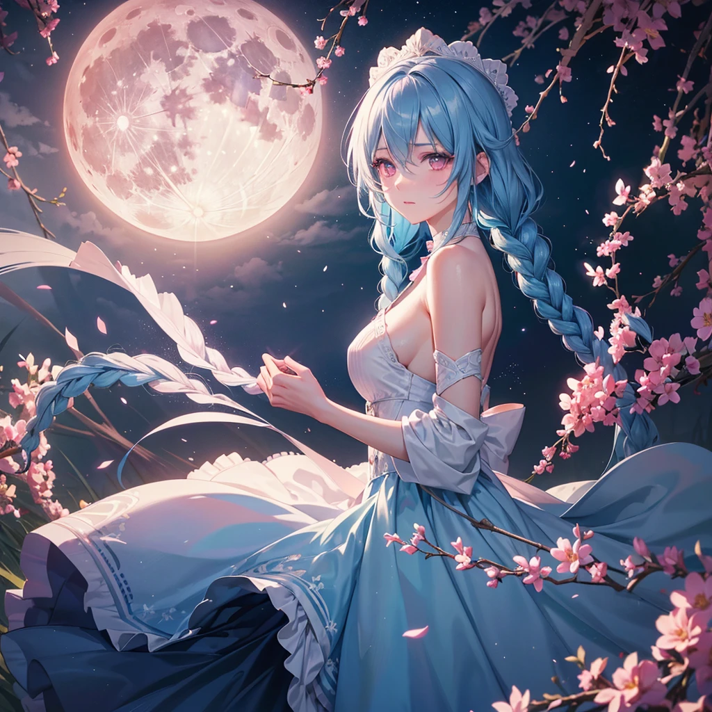 Sky blue hair, (1 braided hair), (Pink eyes),Fair skin)  ,(whole body),(One Girl),(White sweet dumpling),A large amount of Miscanthus sinensis,(full moon),(masterpiece, Highest quality, Very detailed, Best Shadow), (Detailed Background), (Beautifully detailed face), High Contrast, (Best lighting, Very delicate and beautiful), ((Cinematic Light)), Hyper Detail,8k, Dramatic Light, Intricate details,