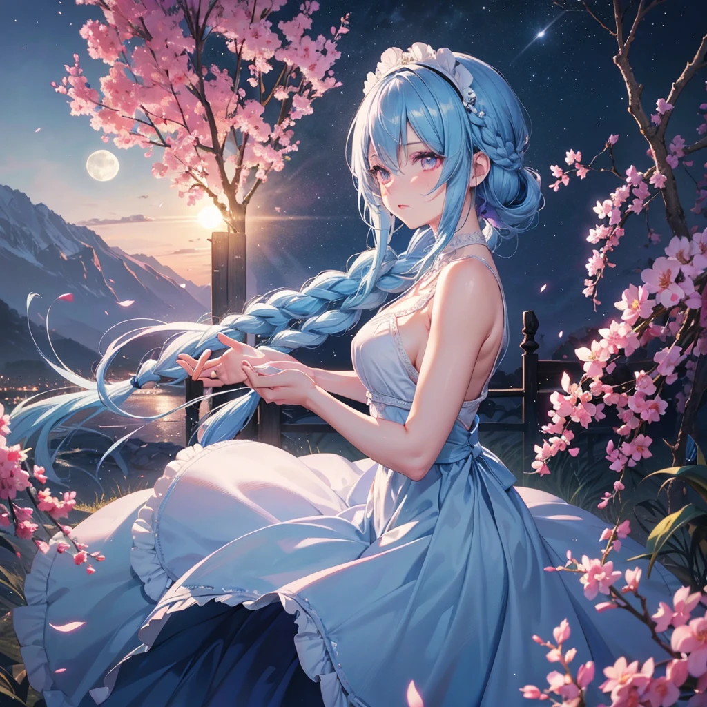 Sky blue hair, (1 braided hair), (Pink eyes),Fair skin) ,(whole body),(One Girl),(White sweet dumpling),A large amount of Miscanthus sinensis,(full moon),(masterpiece, Highest quality, Very detailed, Best Shadow), (Detailed Background), (Beautifully detailed face), High Contrast, (Best lighting, Very delicate and beautiful), ((Cinematic Light)), Hyper Detail,8k, Dramatic Light, Intricate details,