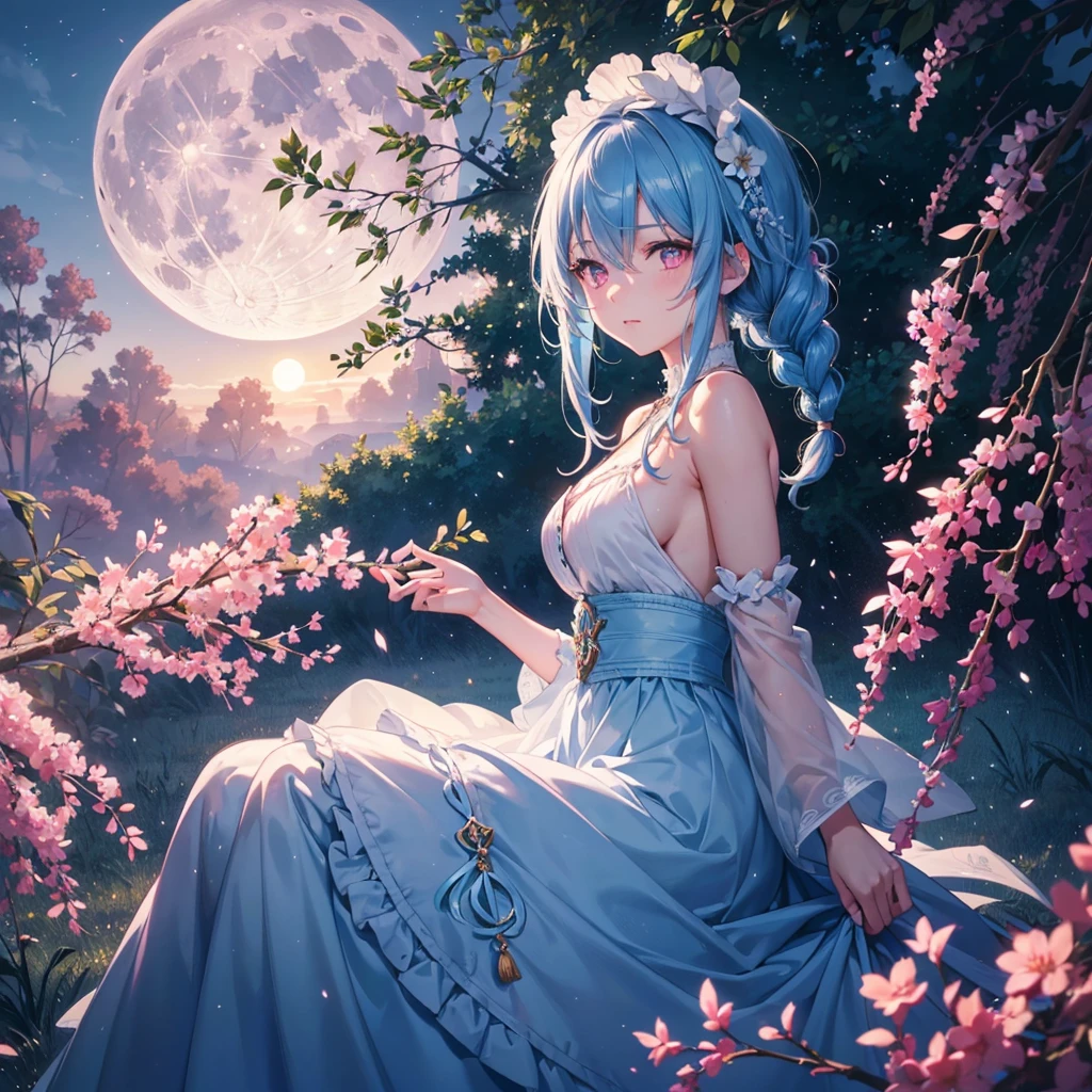 Sky blue hair, (1 braided hair), (Pink eyes),Fair skin) ,(whole body),(One Girl),(White sweet dumpling),A large amount of Miscanthus sinensis,(full moon),(masterpiece, Highest quality, Very detailed, Best Shadow), (Detailed Background), (Beautifully detailed face), High Contrast, (Best lighting, Very delicate and beautiful), ((Cinematic Light)), Hyper Detail,8k, Dramatic Light, Intricate details,