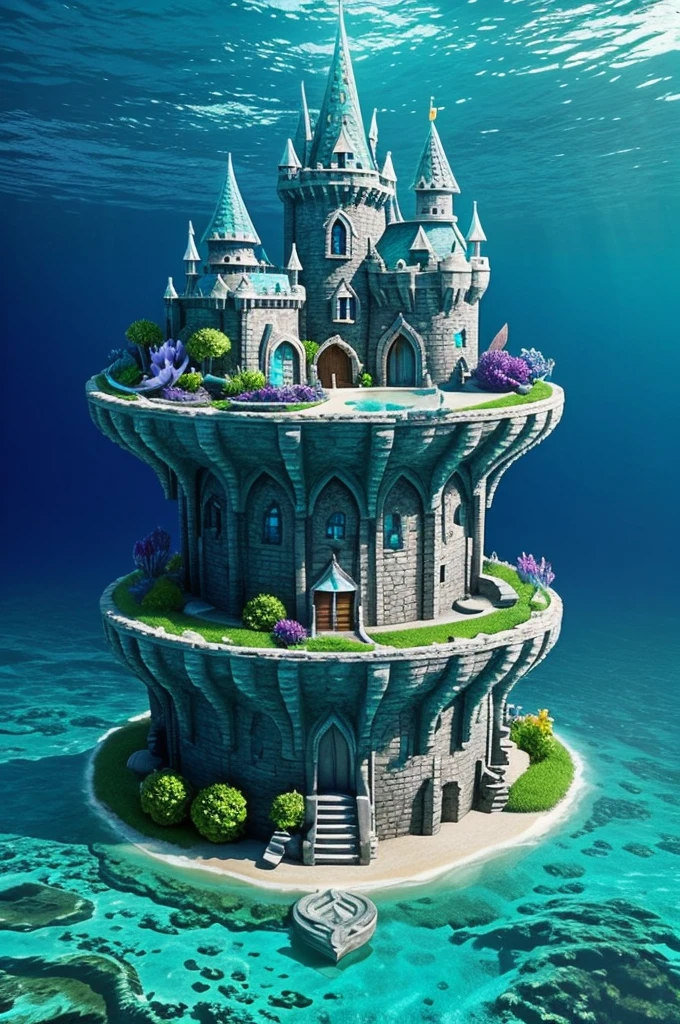 Could you generate an image of a fantasy ocean with an underwater mermaid castle, make it colorful and adorable?