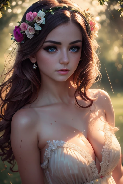 a beautiful delicate young girl,lolita fashion dress,laying in the rain wet grass,sensual body,intricate detailed face,large bright eyes,long eyelashes,rosy lips,pale skin,flower crown,cinematic lighting,dramatic moody atmosphere,cinematic composition,photorealistic,highly detailed,vibrant colors,masterpiece