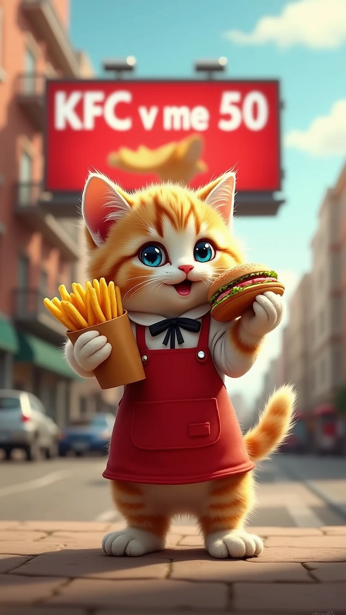 Cute kitten holding hamburger and french fries,Wearing an apron,The billboard behind it reads "KFC v me 50",clear