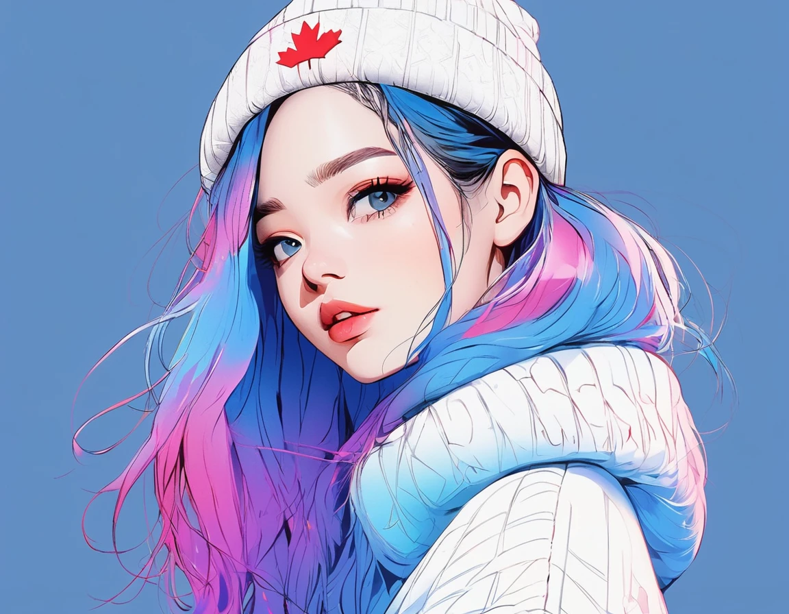 illustrator, anime , realistic ,sketch , 1 girl, ,lip, sweater,order, Blue gradient background, neon hair,Textured trim, Canadian, (masterpiece,Best quality) ganyou