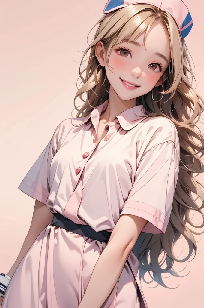 high resolution,smile,happy,light smile,woman,woman1人,adult,Clear,cute,Small breasts,blunt bangs,Blonde Hair,BREAK, Brown eyes,BREAK,wavy hair,long hair,BREAK, ((looking at viewer)), Nurse uniform,Nurse cap,BREAK,Facing forward,BREAK,Pink background,