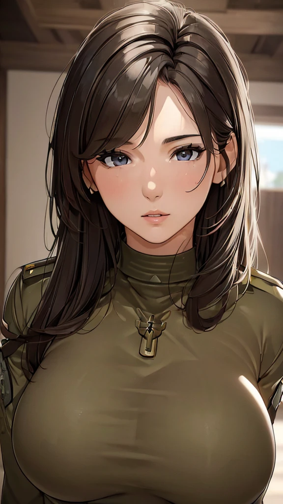 (((masterpiece))),(((High resolution)))、(((8K)))、(((Beautiful woman modern soldier))), ((top quality eyes)), ((detailed face)), (detailed texture), look at the camera，Huge Breasts