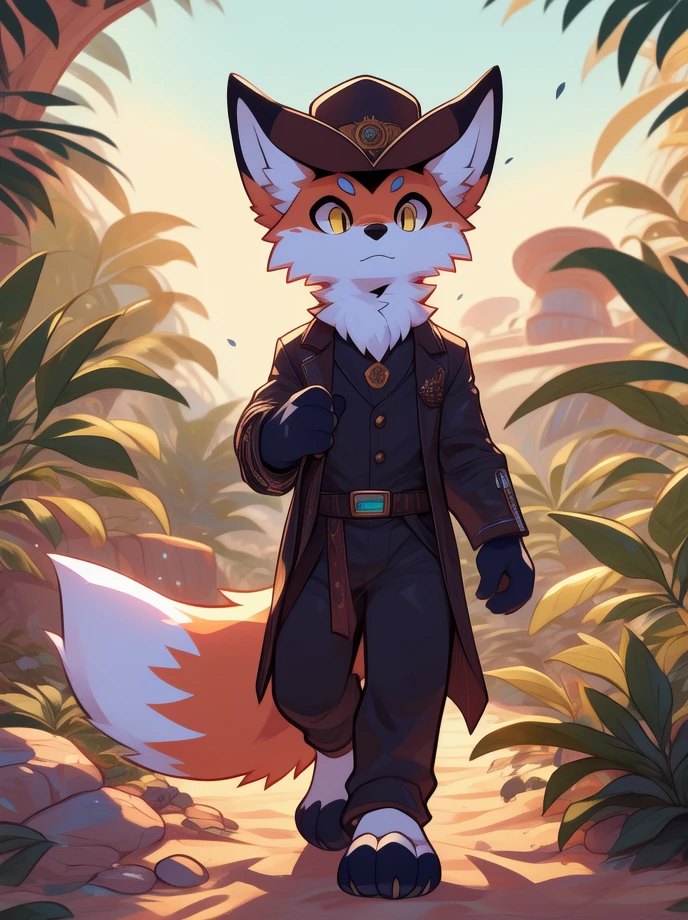 Kitsuni,furry masculino,body color white, details on the red face,yellow eye color,fox ears,red color at the tips of the ears, black cowboy hat, suspicious facial expression,brown cloth bow on the neck,gray hand hair color,gray foot hair color,leather belt, illuminated place,giorno,Oasis.