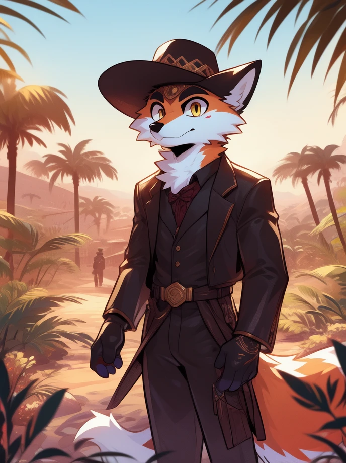 Kitsuni,furry masculino,body color white, details on the red face,yellow eye color,fox ears,red color at the tips of the ears, black cowboy hat, suspicious facial expression,brown cloth bow on the neck,gray hand hair color,gray foot hair color,leather belt, illuminated place,giorno,Oasis.