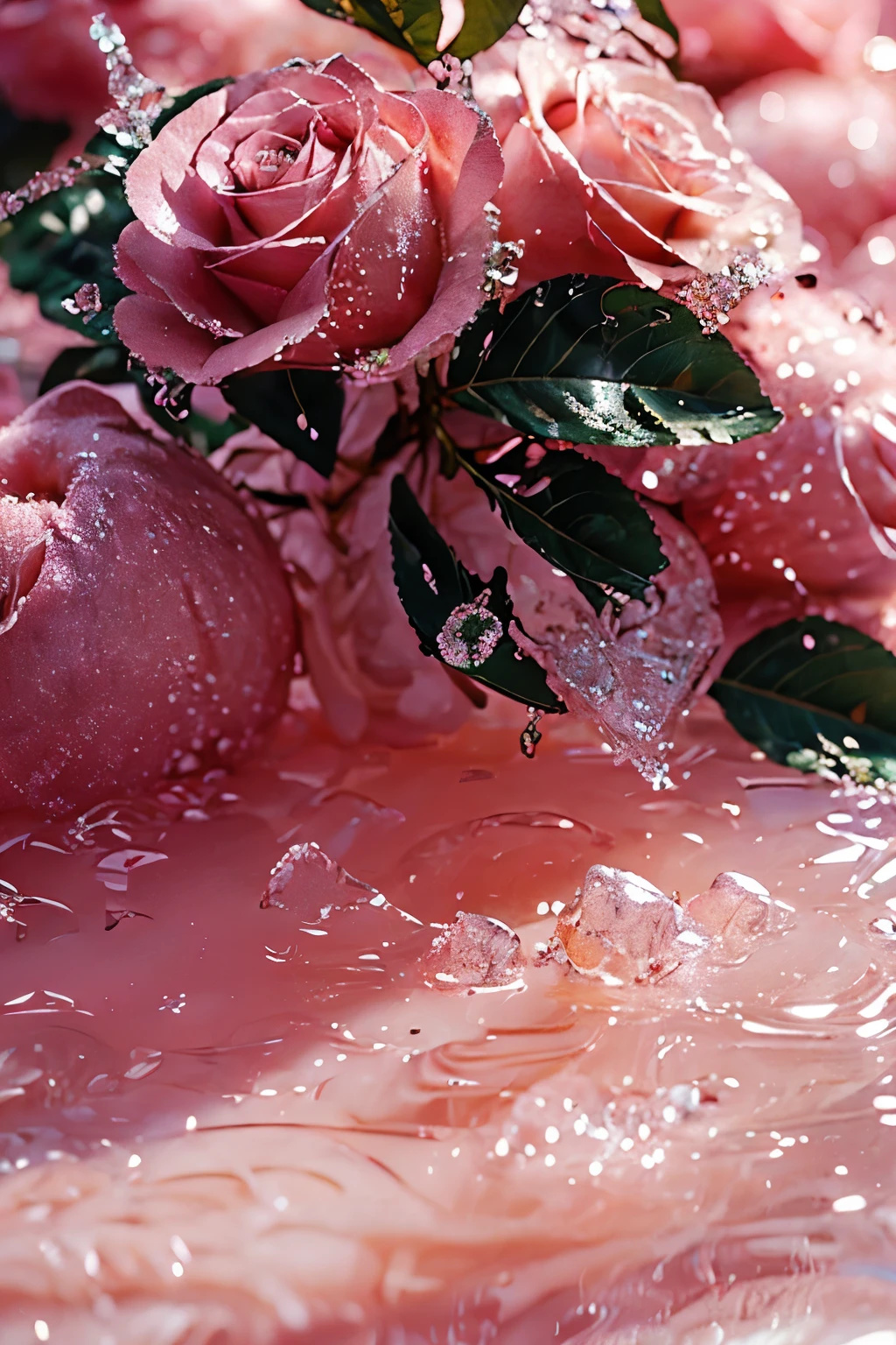 Many pink roses floating in a puddle of water Beautiful flowers and crystals Shining petals Flower sparkle Pink reflection Blonde Translucent roses are decorated with glitter and softness Pastel roses Crystals on the wall Rose background Beautiful aesthetic Pink rosa Beautiful Aesthetic Pink diamond Very beautiful!!!!!! Dreamy details