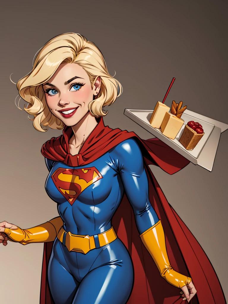 Blonde girl with short hair, smiling, wearing a hero costume, blue latex costume with red details, wearing a cape with the American tray