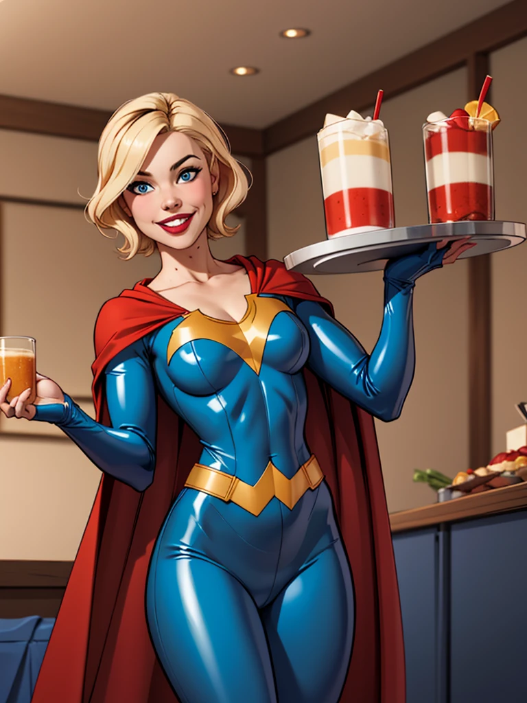 Blonde girl with short hair, smiling, wearing a hero costume, blue latex costume with red details, wearing a cape with the American tray
