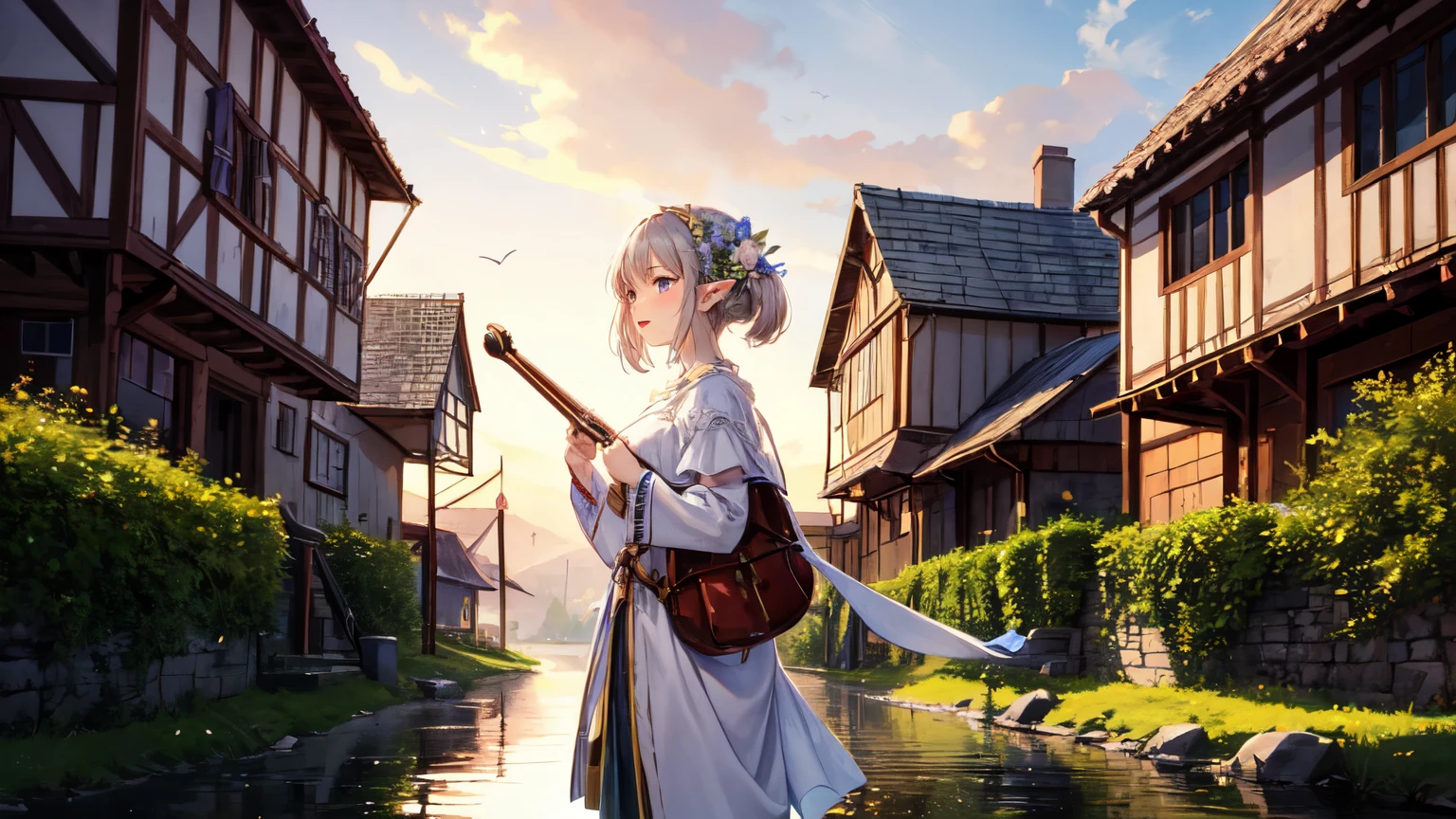 ((best quality)), ((masterpiece)), (detailed),elf girl happy a relaxing medieval fantasy song set in a peaceful village. The music should feature a soothing viola and a playful flute, evoking a serene atmosphere. Imagine a quaint village at sunset, with villagers winding down, children playing, and a gentle breeze carrying the scent of blooming flowers.