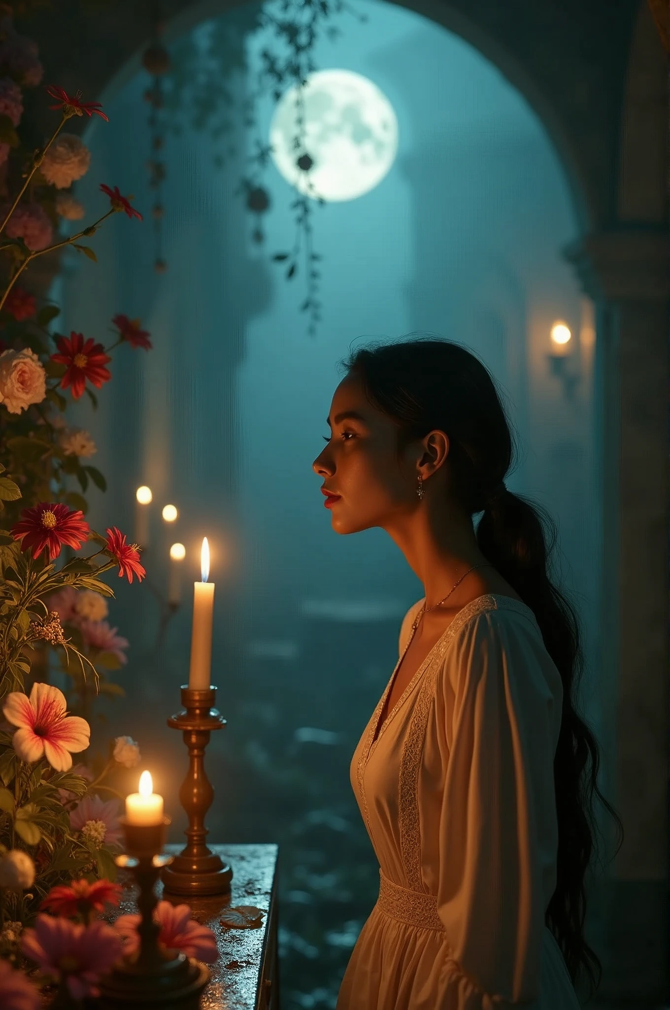 ((Masterpiece in maximum 16K resolution):1.6),((soft_color_photograpy:)1.5), ((Ultra-Detailed):1.4),((Movie-like still images and dynamic angles):1.3). | (Macro shot cinematic photo of beautiful female priest confessing under a moonlit), (Beautiful Female priest confessing), (a ruin full flowers), (focus on the moonlit), (macro lens), (exotic antiques), (luminous object), (luminous object), (Mysterious atmosphere), (shimmer), (aesthetic bath room accesories), (visual experience),(Realism), (Realistic),award-winning graphics, dark shot, film grain, extremely detailed, Digital Art, rtx, Unreal Engine, scene concept anti glare effect, All captured with sharp focus. | Rendered in ultra-high definition with UHD and retina quality, this masterpiece ensures anatomical correctness and textured skin with super detail. With a focus on high quality and accuracy, this award-winning portrayal captures every nuance in stunning 16k resolution, immersing viewers in its lifelike depiction. | ((perfect_composition, perfect_design, perfect_layout, perfect_detail, ultra_detailed)), ((enhance_all, fix_everything)), More Detail, Enhance.
