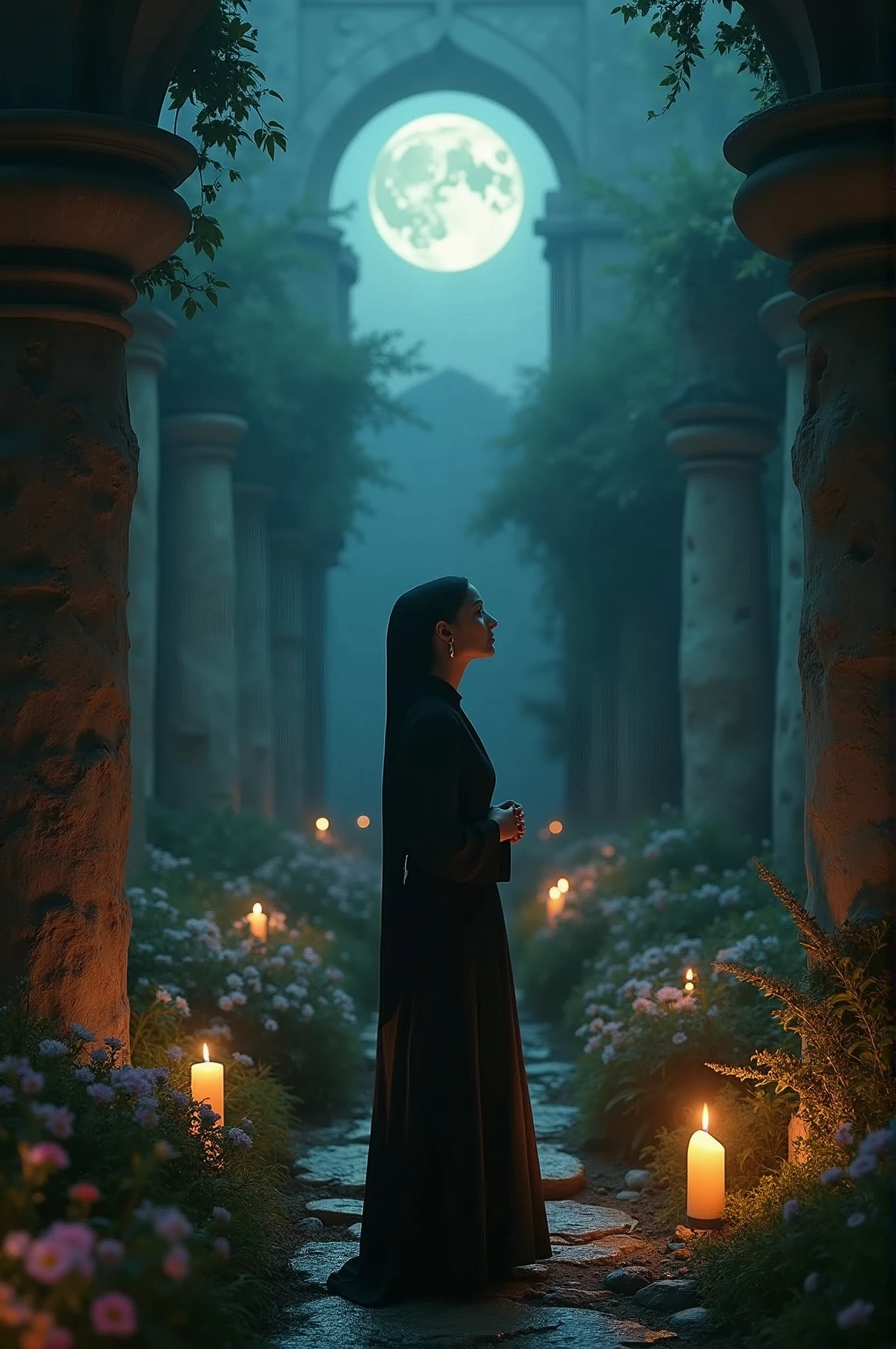 ((Masterpiece in maximum 16K resolution):1.6),((soft_color_photograpy:)1.5), ((Ultra-Detailed):1.4),((Movie-like still images and dynamic angles):1.3). | (Macro shot cinematic photo of beautiful female priest confessing under a moonlit), (Beautiful Female priest confessing), (a ruin full flowers), (focus on the moonlit), (macro lens), (exotic antiques), (luminous object), (luminous object), (Mysterious atmosphere), (shimmer), (aesthetic bath room accesories), (visual experience),(Realism), (Realistic),award-winning graphics, dark shot, film grain, extremely detailed, Digital Art, rtx, Unreal Engine, scene concept anti glare effect, All captured with sharp focus. | Rendered in ultra-high definition with UHD and retina quality, this masterpiece ensures anatomical correctness and textured skin with super detail. With a focus on high quality and accuracy, this award-winning portrayal captures every nuance in stunning 16k resolution, immersing viewers in its lifelike depiction. | ((perfect_composition, perfect_design, perfect_layout, perfect_detail, ultra_detailed)), ((enhance_all, fix_everything)), More Detail, Enhance.
