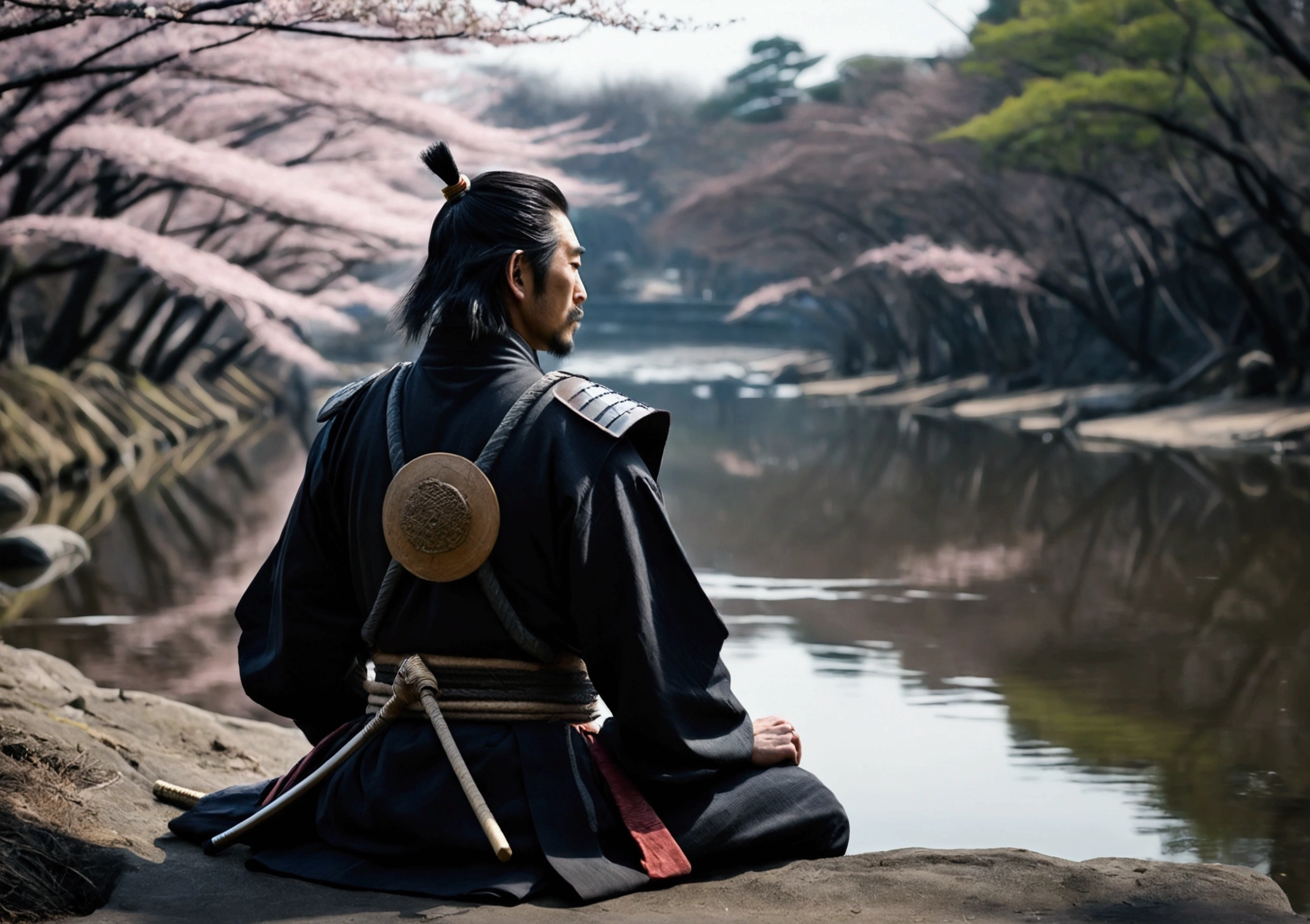 Japanese atmosphere, A samurai looks into the distance,Real,dark, Nearby riverbank, cold, with a natural look, 