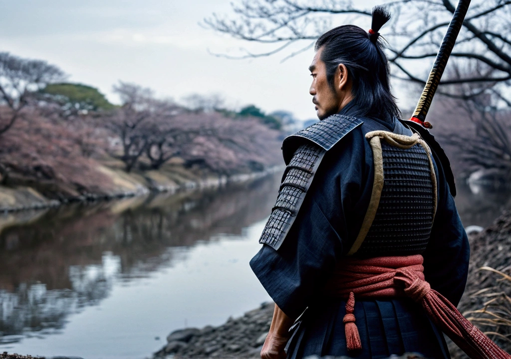 Japanese atmosphere, A samurai looks into the distance,Real,dark, Nearby riverbank, cold, with a natural look,