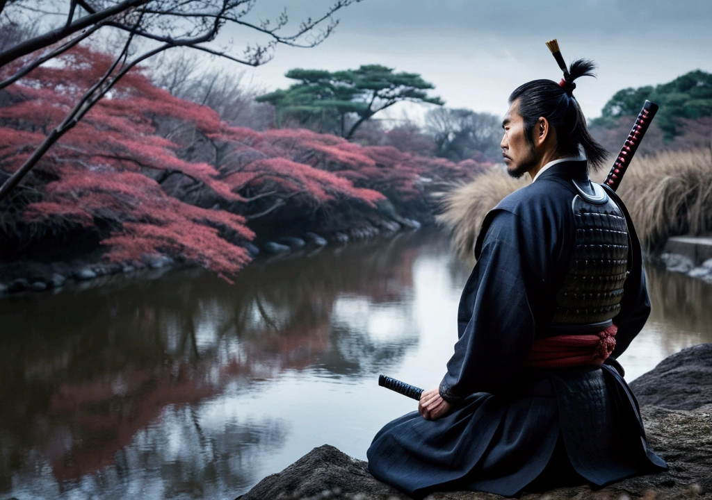 Japanese atmosphere, A samurai looks into the distance,Real,dark, Nearby riverbank, cold, with a natural look,