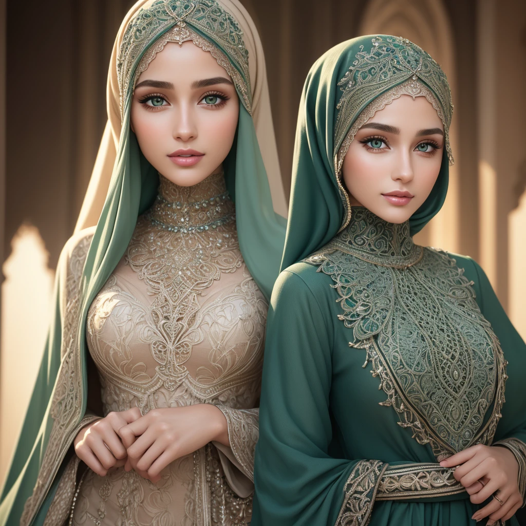 Best quality, Realistic, Photorealistic, extremely detailed, An extremely delicate and beautiful, RAW photo, 4K, 8K, Professional lighting, Dynamic lighting, light in face, Depth of field, solo focus, full body, flawless beauties,A 18-year-old female, Green eyes, Smaller head, Fashion girl, Beautiful eyes, Large breasts, Real face, Real skin, Realistic face, Realistic skin, Detailed eyes, Detailed facial features, detailed hijab, detailed clothes feature, (fashionable attire:1.3), (intricate fashion hijab: 1.3) dynamic poses, Detailed face, pretty smile, cowboy shot