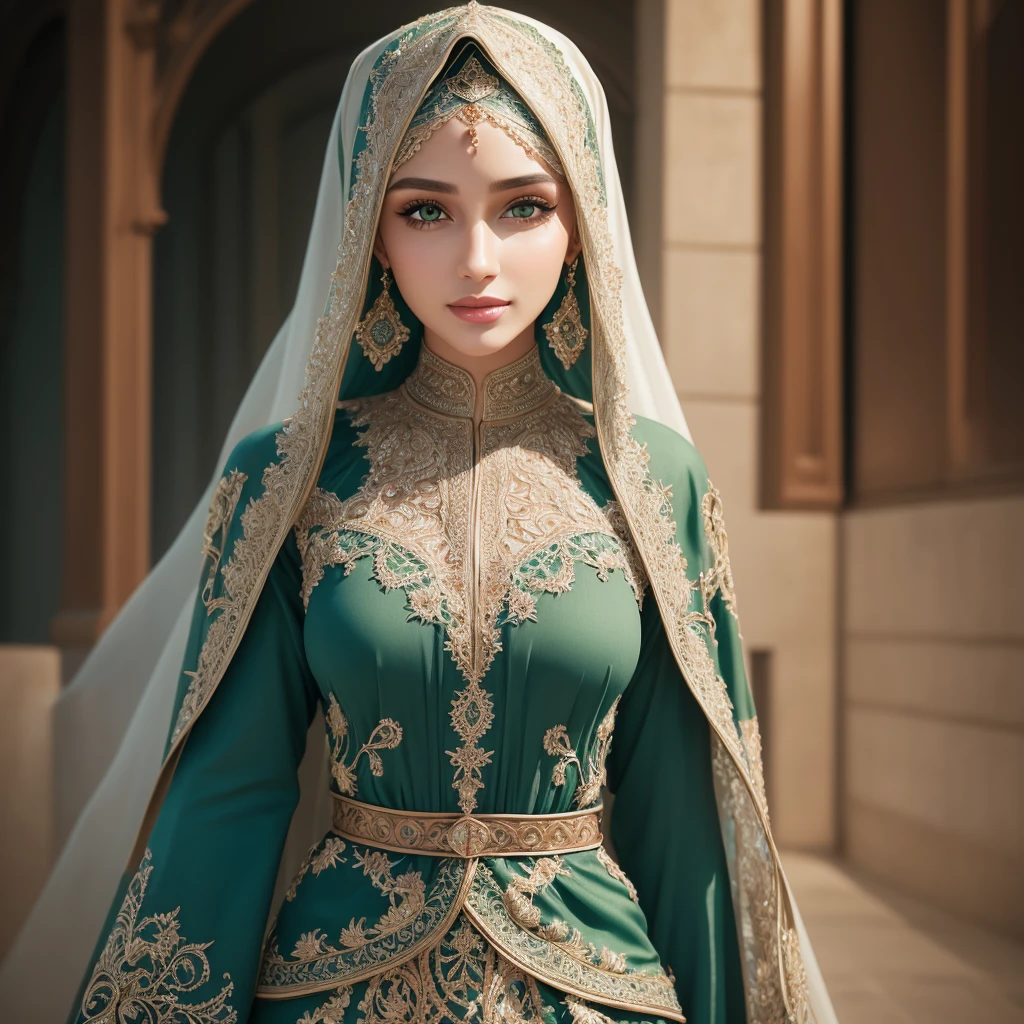 masterpiece, best quality, cinematic light, ultra high res, 8k uhd, intricate details, nature Light, film grain, dreamlike, perfect anatomy, best shadow, delicate, RAW>, full body, from below, detailed , pleasured expression, spotless face, perfect face, perfect body, expressive eyes, 2girls, wearing cape hijab, sword fighting on the battlefield in front yard of a sultan palace, whole body covered by long dress, wearing full body battle armor, chest cover accessories, non-transparent clothing, no exposed chest skin, no exposed tighs skin, kpop idol face, perfect face, perfect body, big chest,